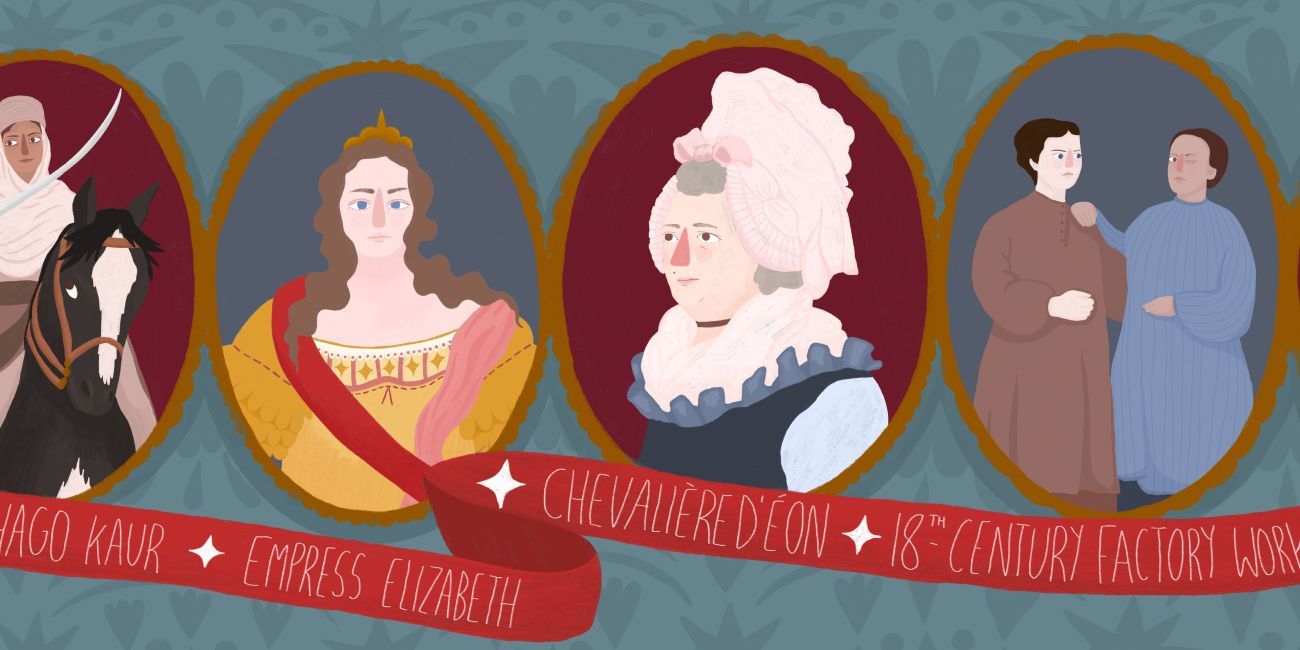 An illustrated tapestry showing famous figures throughout history