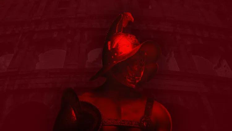 male gladiator wearing a brimmed helmet with eagle crest