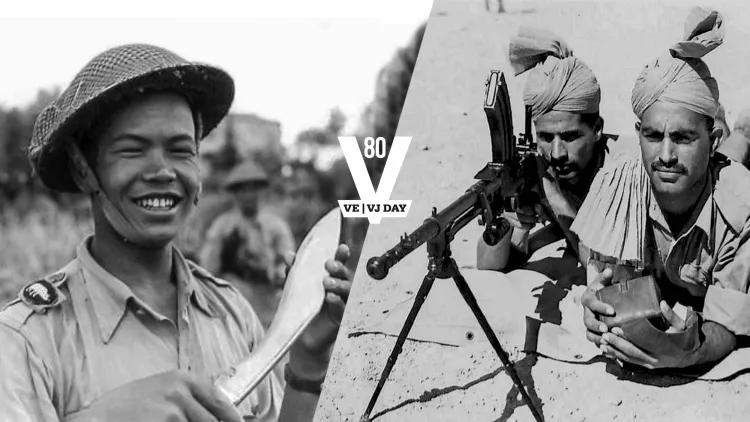 Two photographs showing a Gurkha holding a kukri, 2x Indian soldiers with a machine gun,