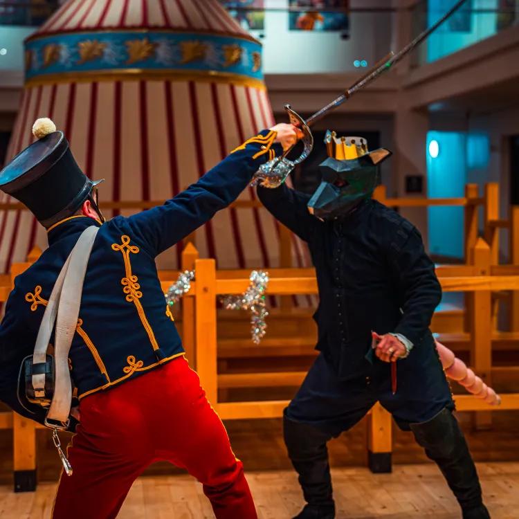 Costumed characters in sword combat