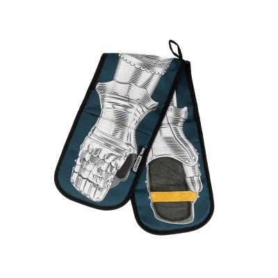 Pair of dark blue oven mitts styled as medieval gauntlets, featuring detailed armour illustrations with articulated fingers and riveted plates