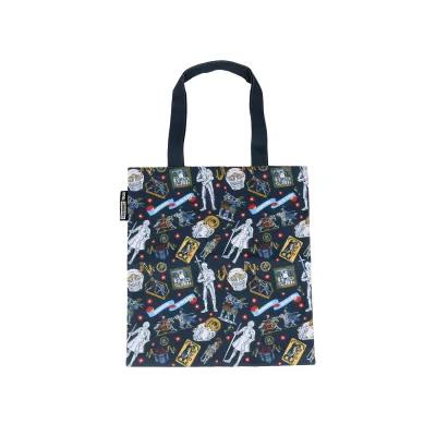 Reusable tote bag decorated with Henry VIII in armour and jousting images set against a black background.