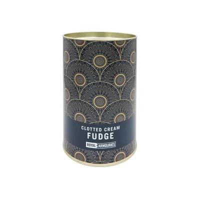 Cylindrical tin labelled ‘Royal Armouries Clotted Cream Fudge’ with an ornate pattern of circular motifs and radiating lines