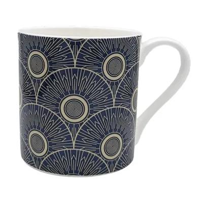 Ceramic mug with a handle, decorated in a repeating dark blue and beige geometric pattern of concentric circles and radiating lines