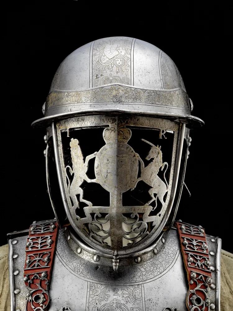 steel helmet with visor in form of coat of arms